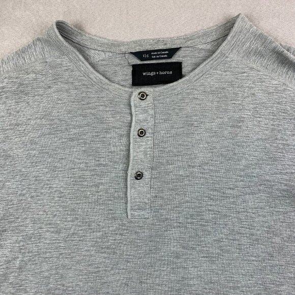 Wings + Horns Mens Shirt Large Gray Heather Slub Rib Henley Long Sleeve Knit - Picture 2 of 7